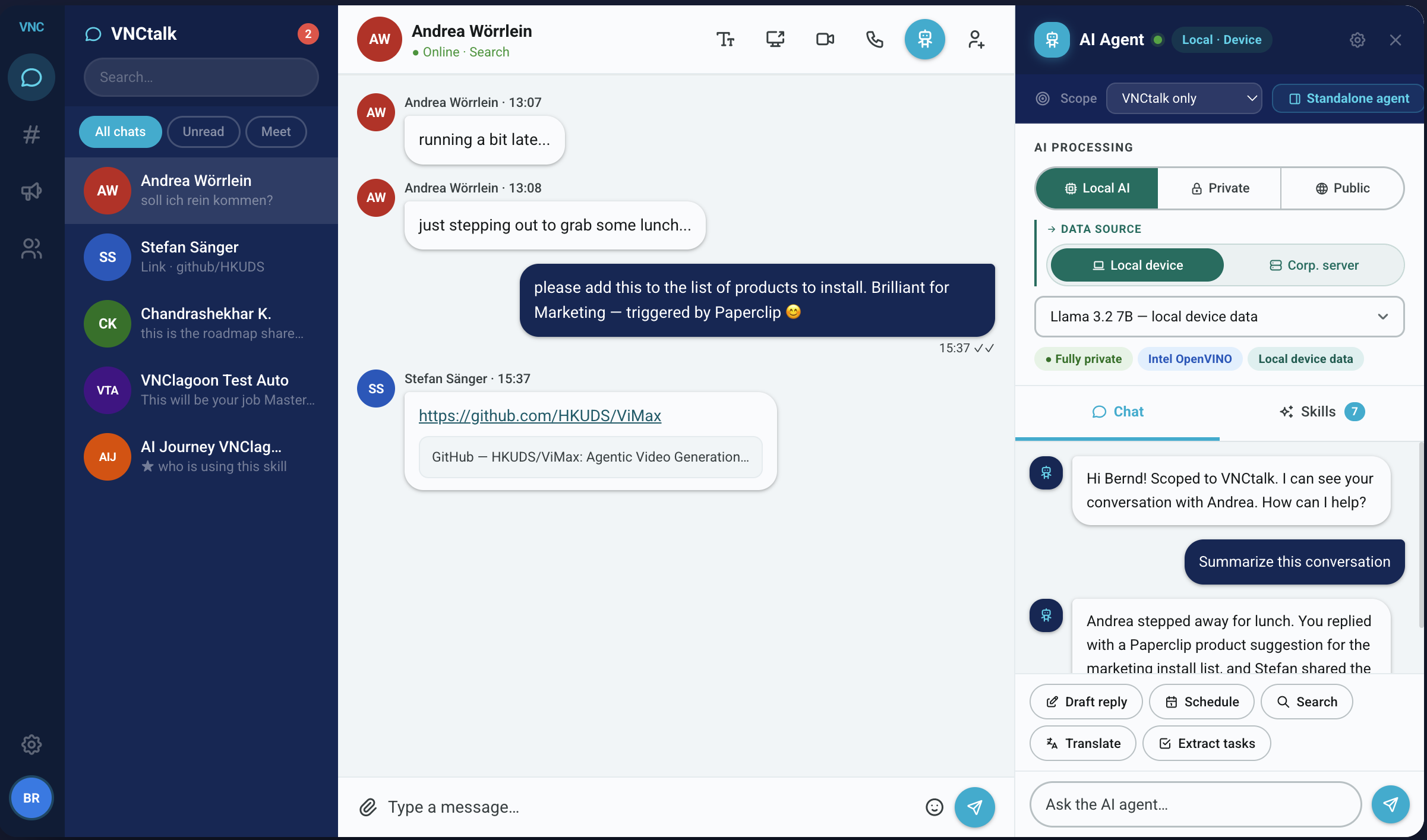 The AI Agent panel inside VNCtalk running a local on-device model