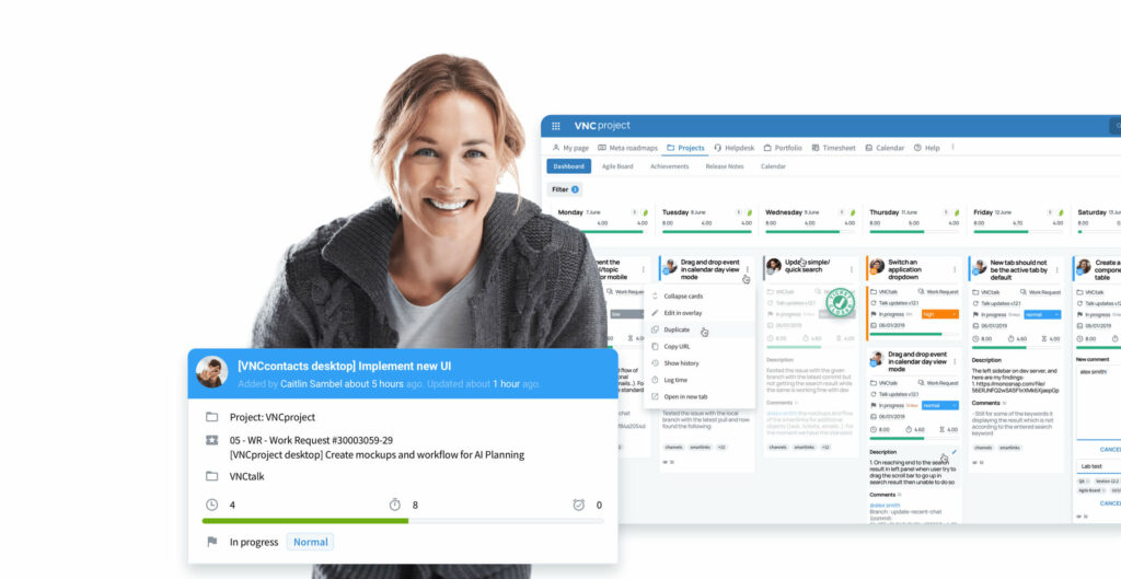 VNCproject header blog showing smiling woman with screenshot Agile Board
