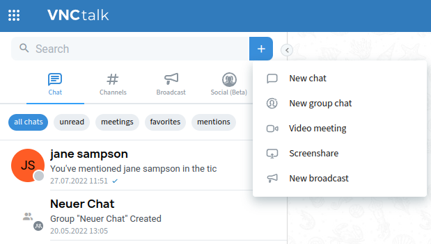 The VNCtalk buttons to schedule a new video meeting