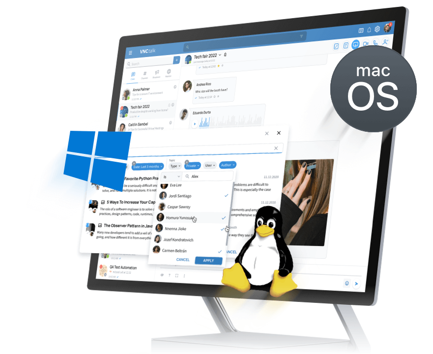 VNCtalk Desktop Client example with Logos of Windows, macOS and Linux